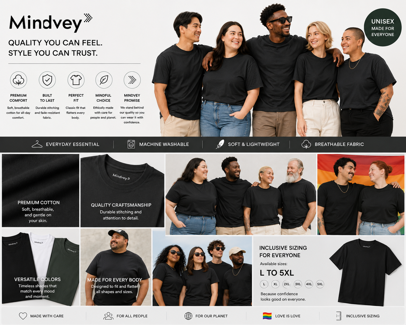 Mindvey 3 pack heavyweight oversized t-shirts black white eucalyptus green