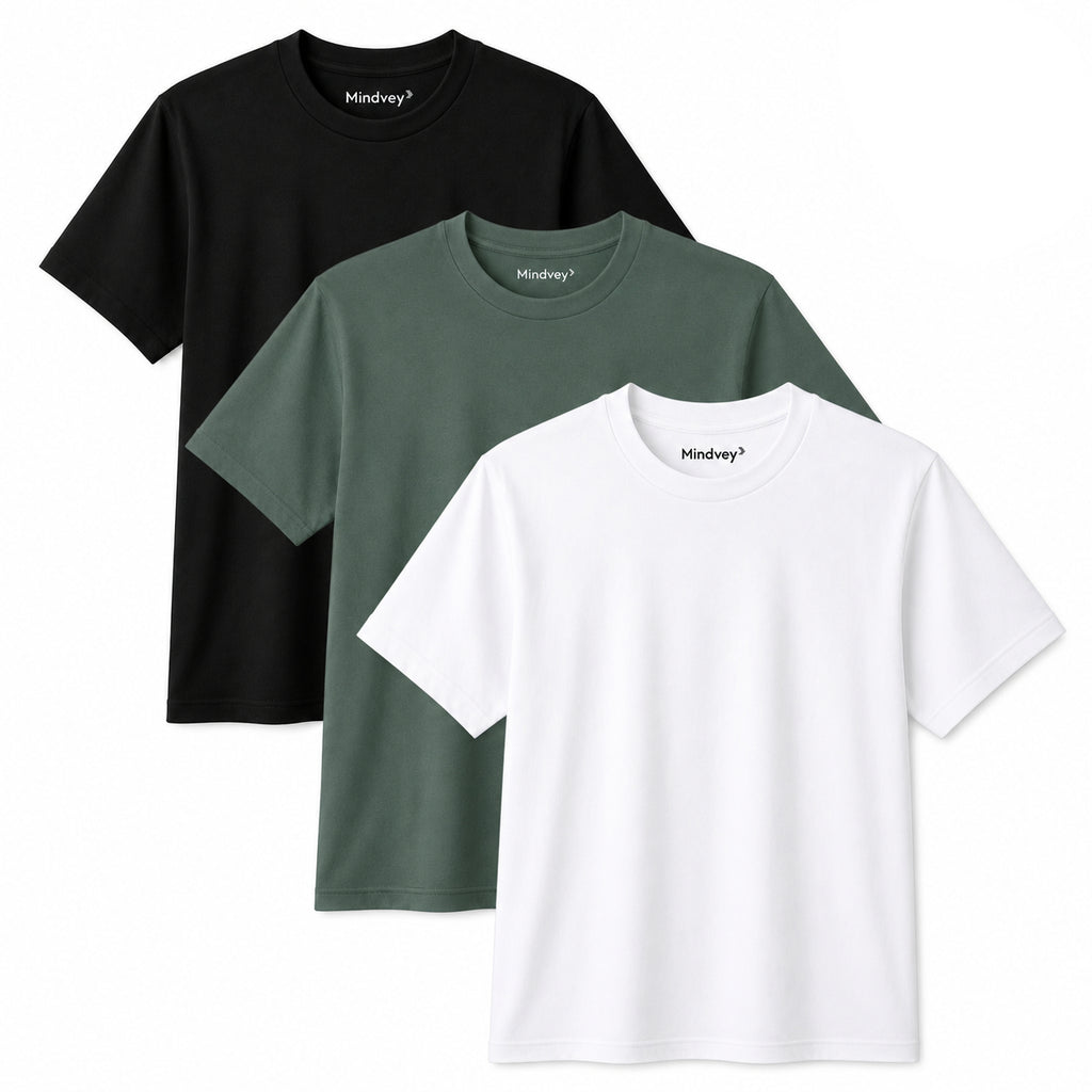 Mindvey 3 Pack Heavyweight Oversized T-Shirts – Black, White & Eucalyptus Green